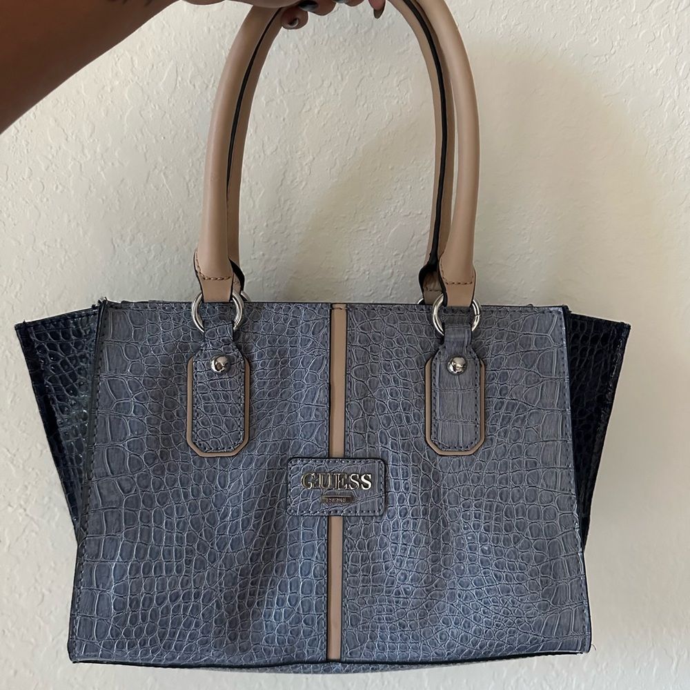 GUESS Croc-Embossed Gray and Tan Satchel